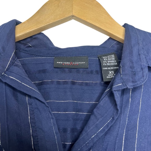 New York & Company Blue Silver Stripped Button Up Blouse Size XS - Picture 2 of 5